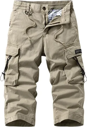 Men's Casual Functional Workwear Cropped Cargo Pants Loose Fit Straight Multi-Pocket Pants
