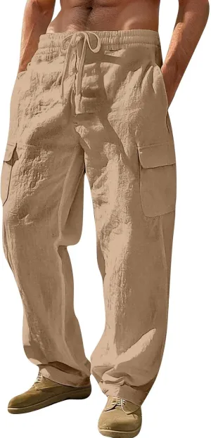 Men's Drawstring Multi Pocket Casual Cargo Pants Hiking Cotton Pants