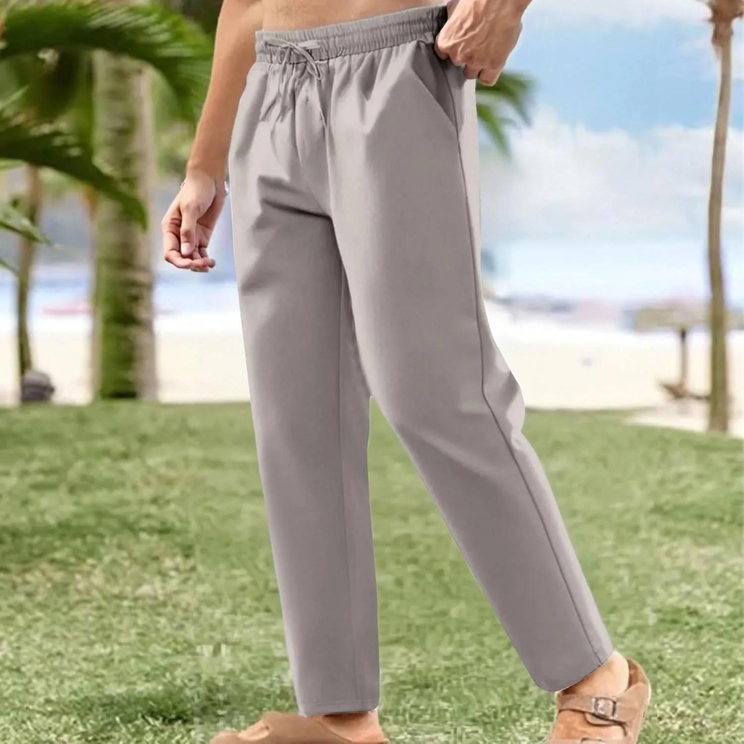 Men's Linen Casual Pants Elastic Waist Drawstring Yoga Beach Summer Pants 2025