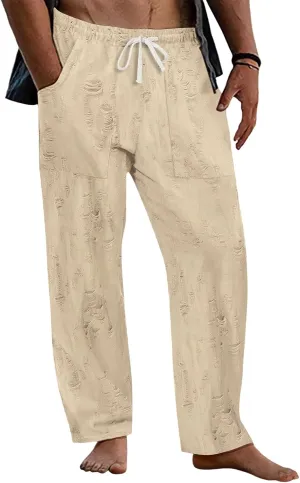 Men's Pants Wear Out Design Drawstring Loose Outdoor Casual Pants 2025