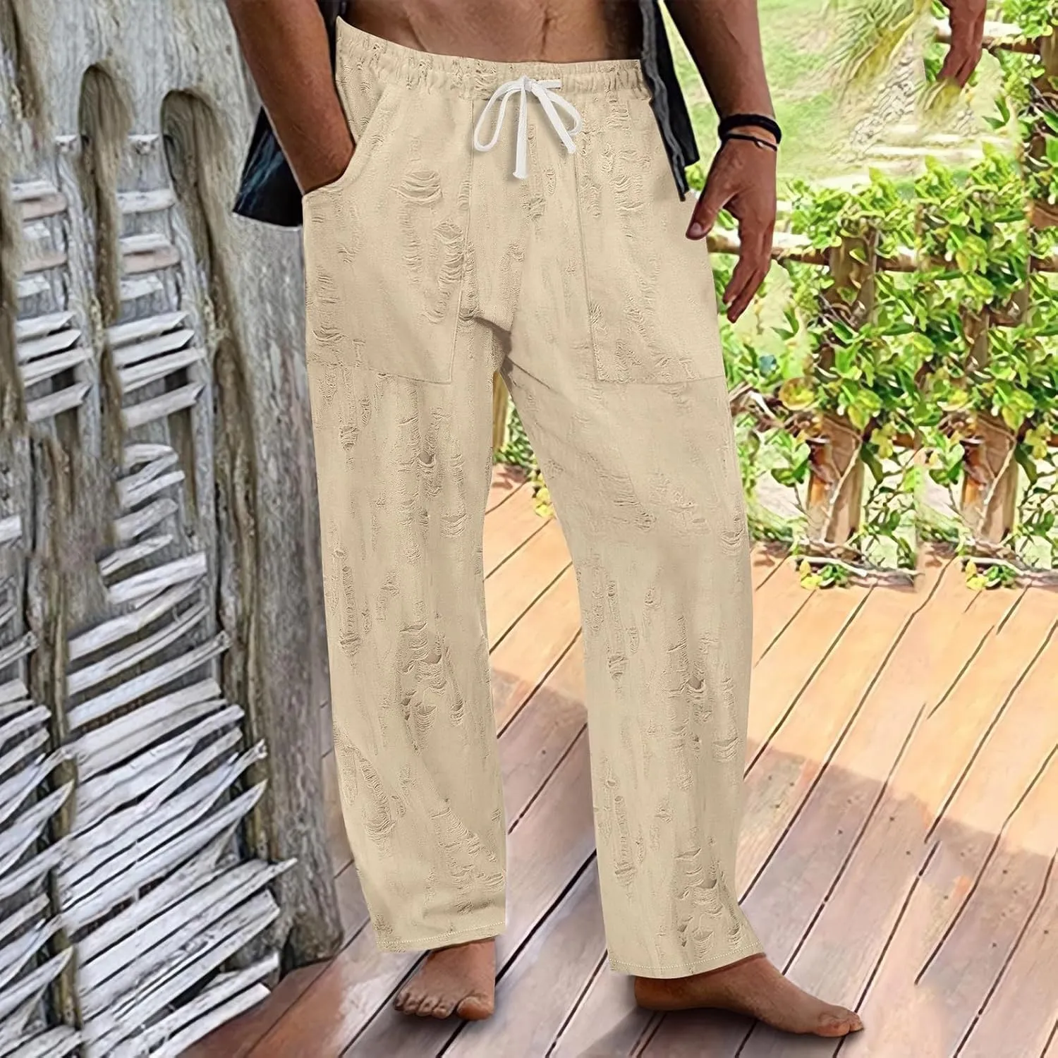 Men's Pants Wear Out Design Drawstring Loose Outdoor Casual Pants 2025