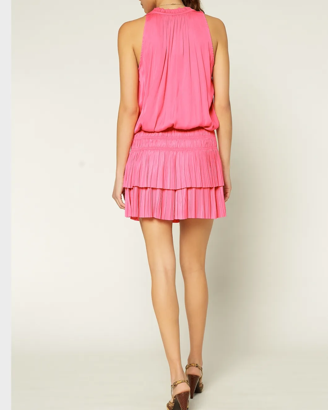 Sleeveless Pleated Short Dress Dark Pink