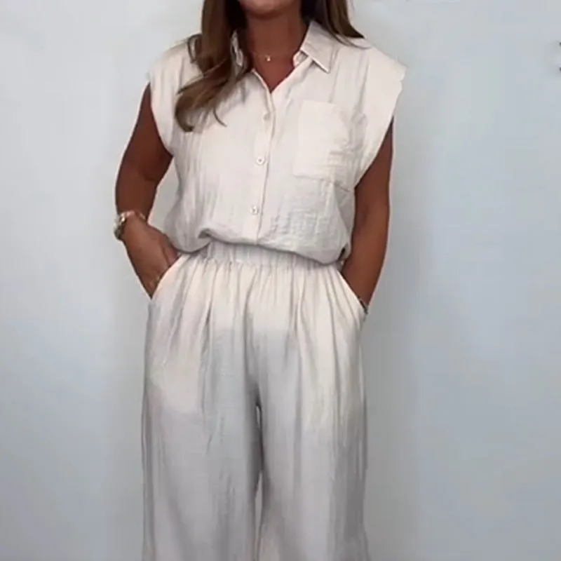 Sleeveless Shirt   Wide Leg Pants Set