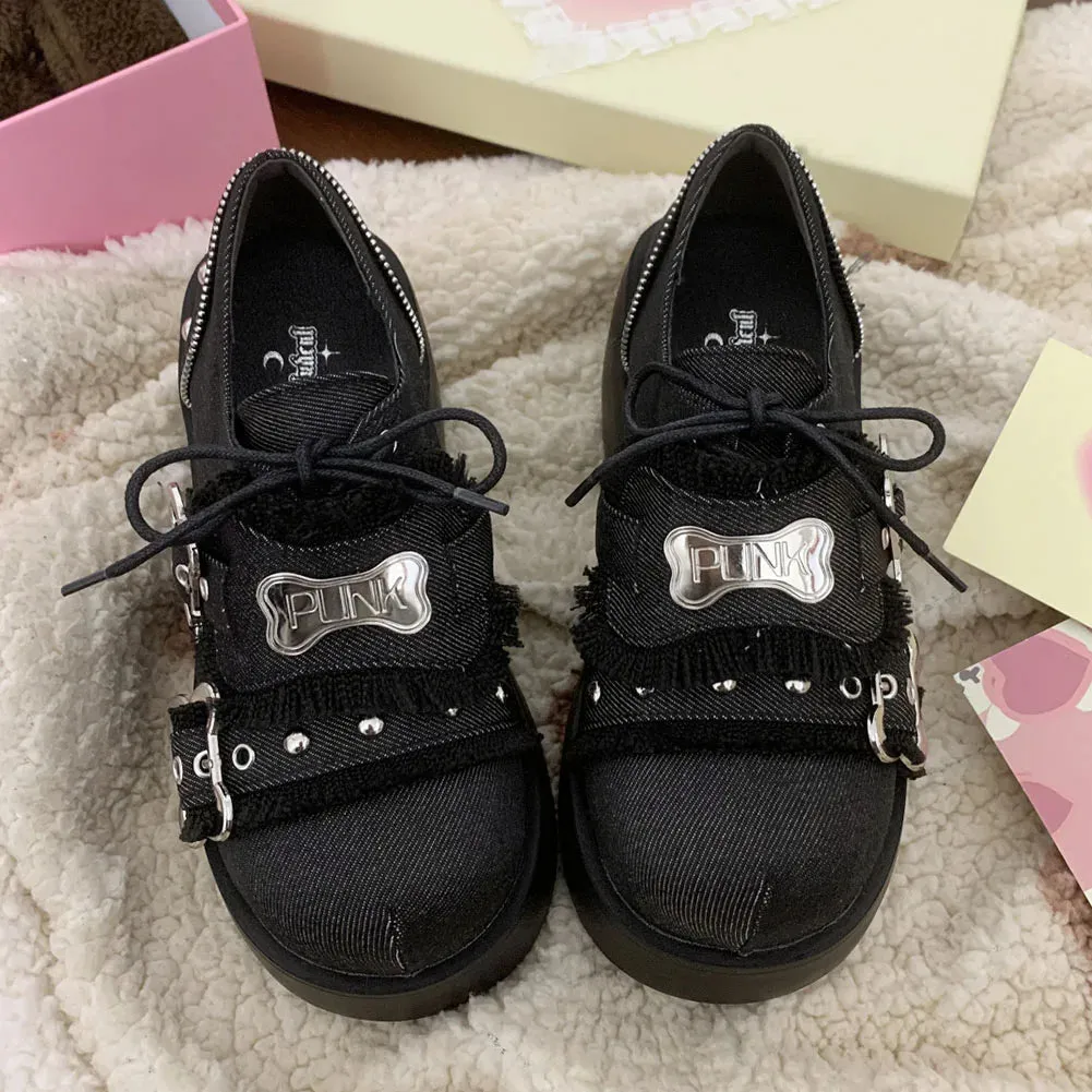 Sohiwoo Punk Chunky Platform Wedges Denim Women Mary Janes Shoes 2024 New Y2k Cute Fashion Gothic Women Pumps Loafers Comfy