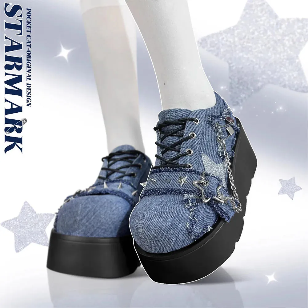 Sohiwoo Punk Chunky Platform Wedges Denim Women Mary Janes Shoes 2024 New Y2k Cute Fashion Gothic Women Pumps Loafers Comfy