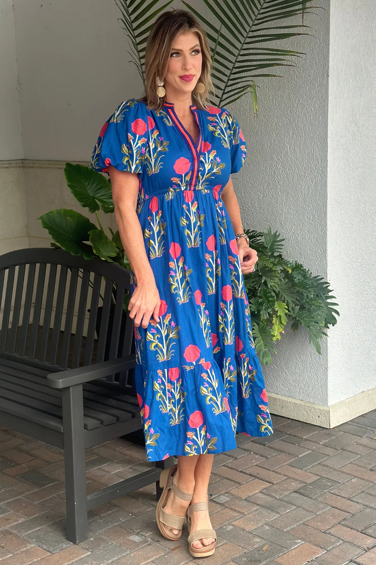 THML Florida Fall Puff Sleeve Flower Print Maxi Dress