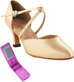 Very Fine Dance Shoes - Ladies Latin, Rhythm, Salsa, Waltz, Wedding Dance Shoes - 9691-2.5-inch Heel and Foldable Brush Bundle - Light Brown Satin - 6.5