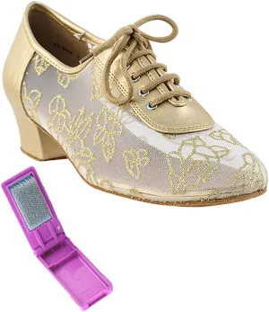 Very Fine Dance Shoes - Ladies Practice, Cuban Low Heel Ballroom Dance Shoes - 2002-1.5-inch Heel and Foldable Brush Bundle - Light Gold Leather - #79 Mesh - 7.5