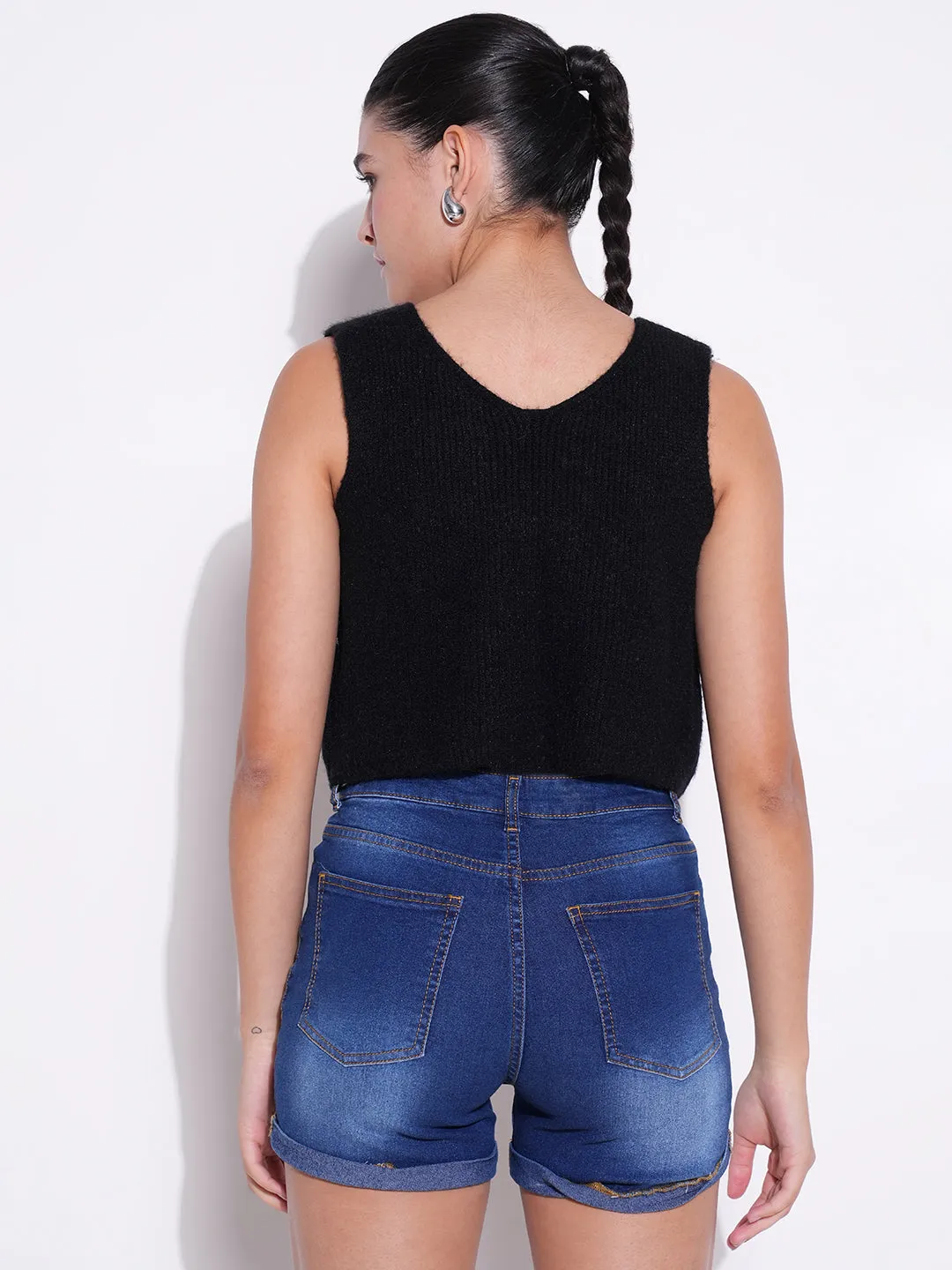 Women Black V-Neck Sleeveless Crop Top