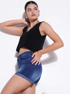 Women Black V-Neck Sleeveless Crop Top