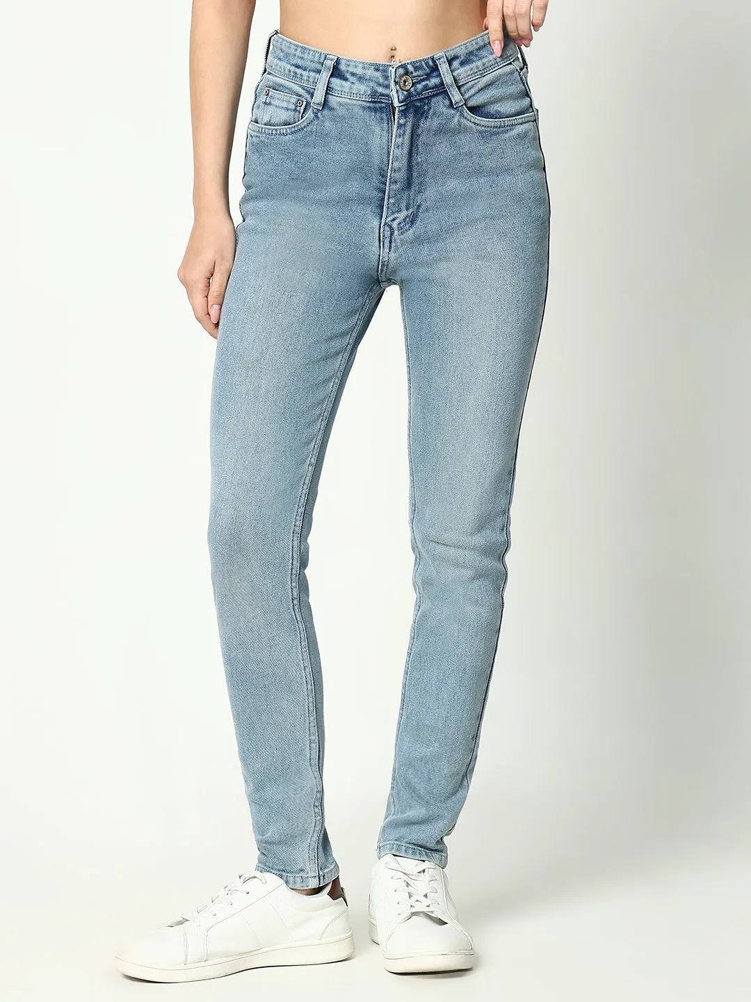Women Blue Comfort Slim Fit Light Fade Acid Wash Stretchable Mid-Rise Jeans