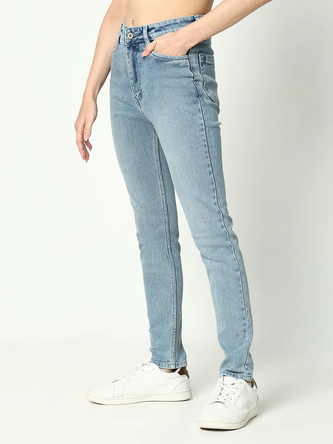Women Blue Comfort Slim Fit Light Fade Acid Wash Stretchable Mid-Rise Jeans