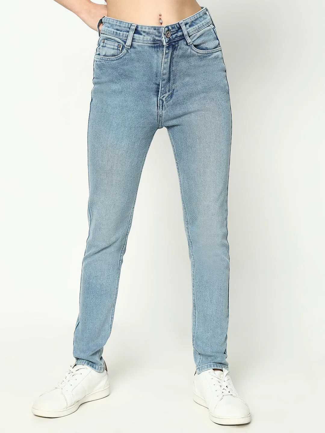 Women Blue Comfort Slim Fit Light Fade Acid Wash Stretchable Mid-Rise Jeans