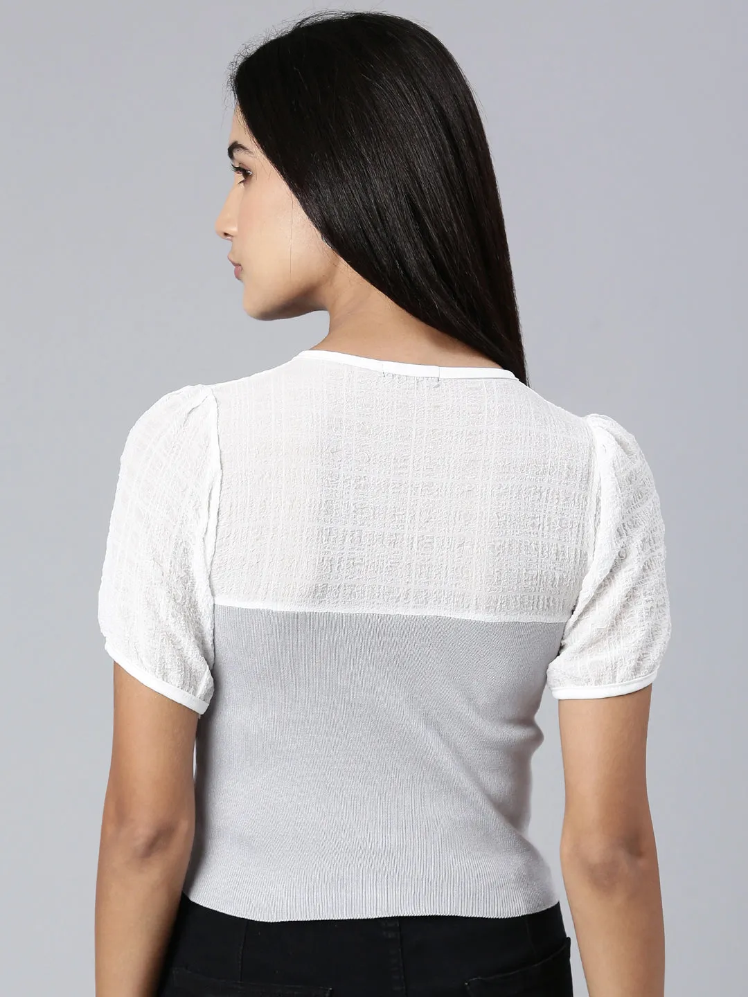 Women Grey Colour blocked V-Neck Puff Sleeve Acrylic Crop Top