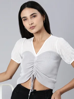 Women Grey Colour blocked V-Neck Puff Sleeve Acrylic Crop Top