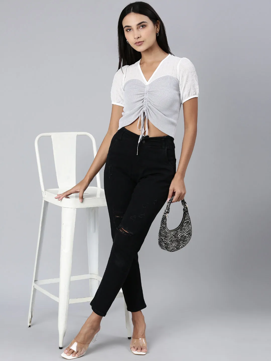 Women Grey Colour blocked V-Neck Puff Sleeve Acrylic Crop Top
