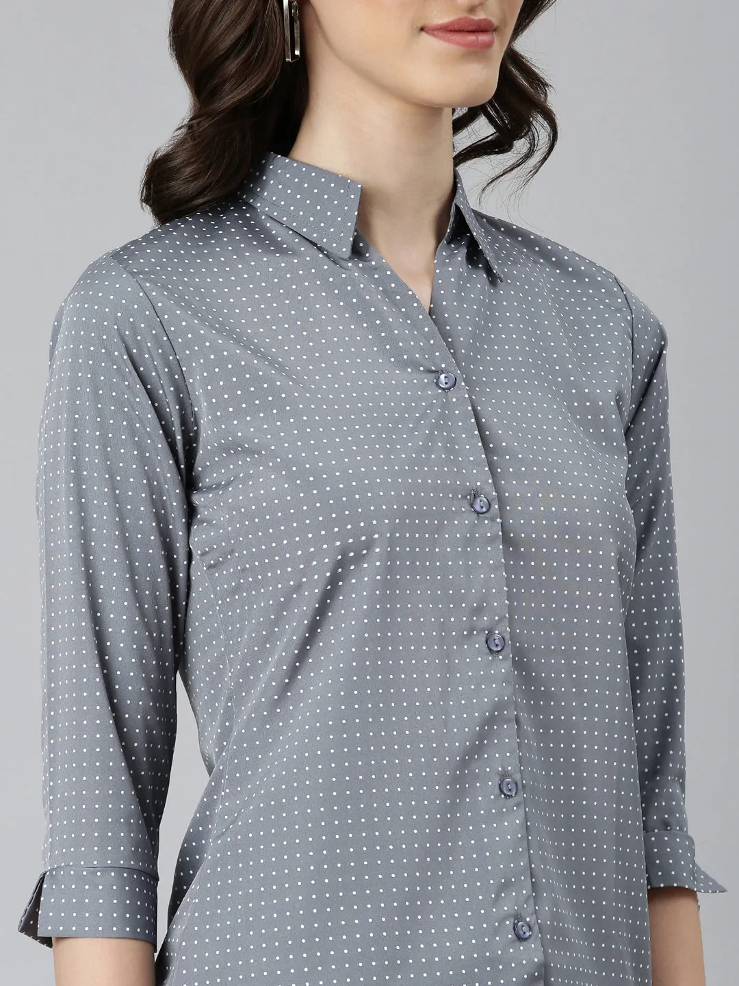 Women Grey Polka Dot Printed Slim Fit Cotton Casual Shirt