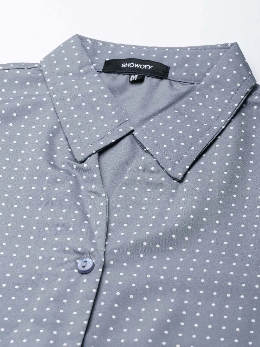 Women Grey Polka Dot Printed Slim Fit Cotton Casual Shirt