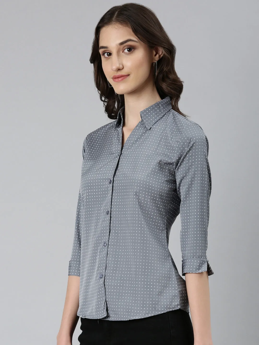 Women Grey Polka Dot Printed Slim Fit Cotton Casual Shirt