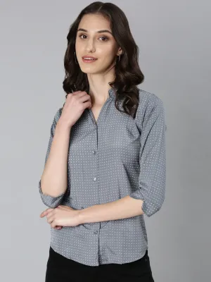 Women Grey Polka Dot Printed Slim Fit Cotton Casual Shirt