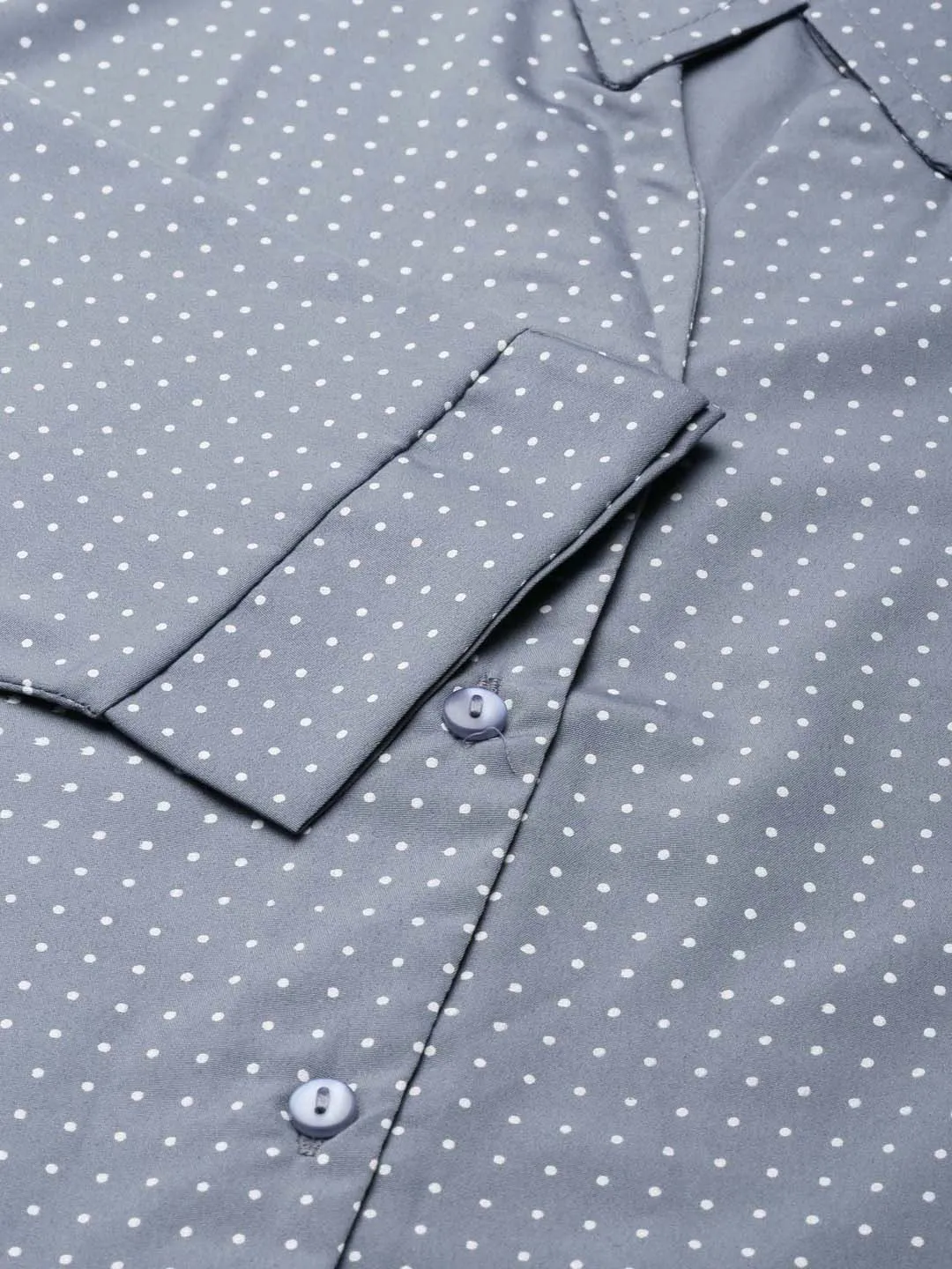 Women Grey Polka Dot Printed Slim Fit Cotton Casual Shirt