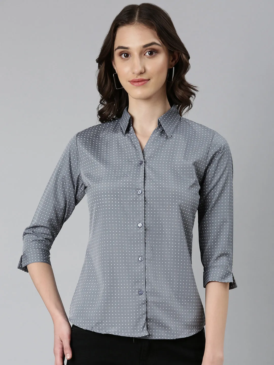 Women Grey Polka Dot Printed Slim Fit Cotton Casual Shirt