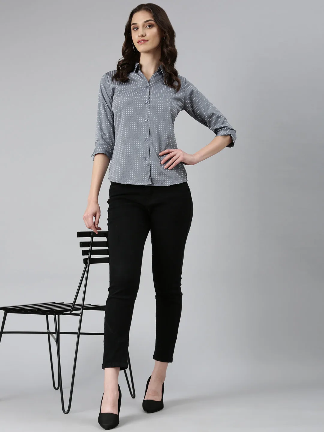 Women Grey Polka Dot Printed Slim Fit Cotton Casual Shirt
