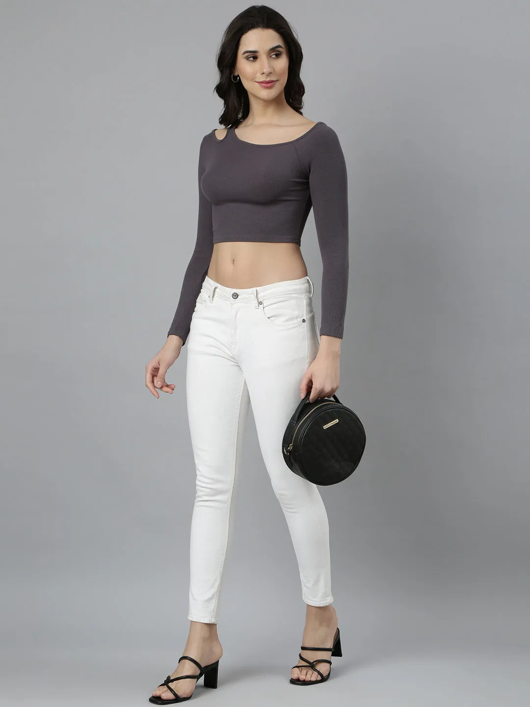 Women Grey Round Neck Fitted Crop Top