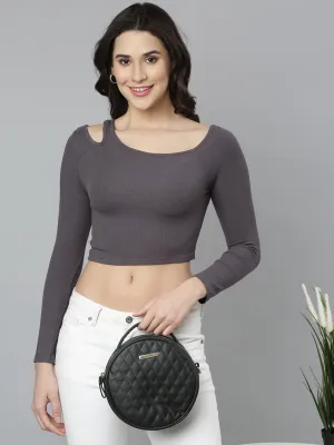 Women Grey Round Neck Fitted Crop Top