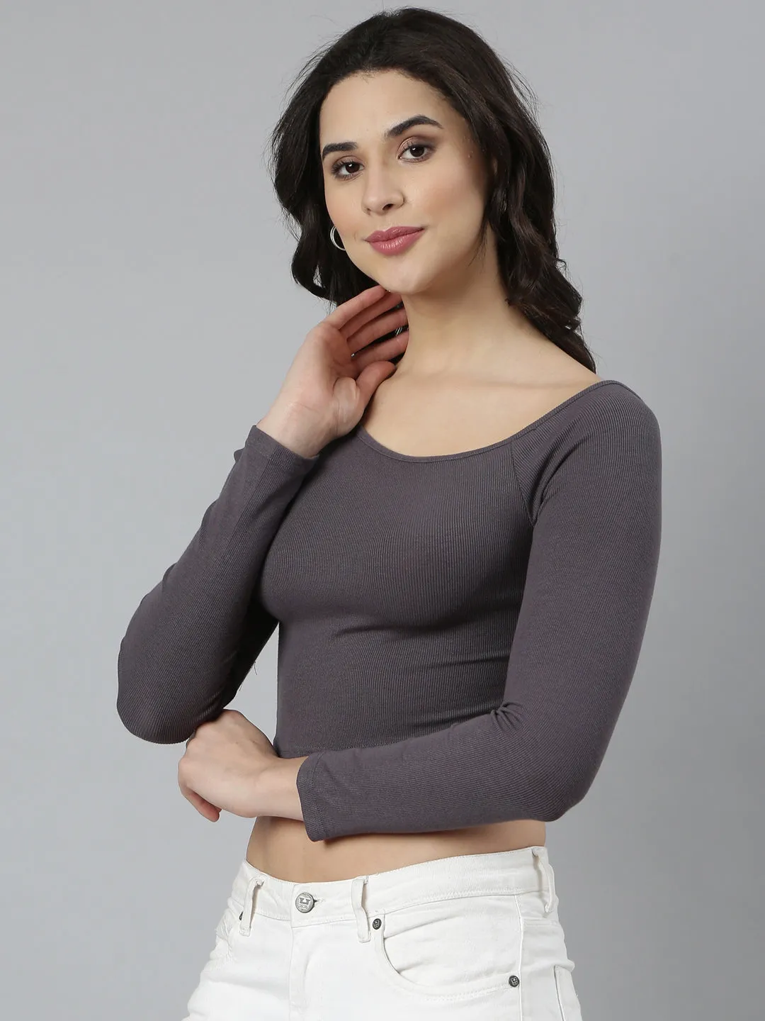 Women Grey Round Neck Fitted Crop Top