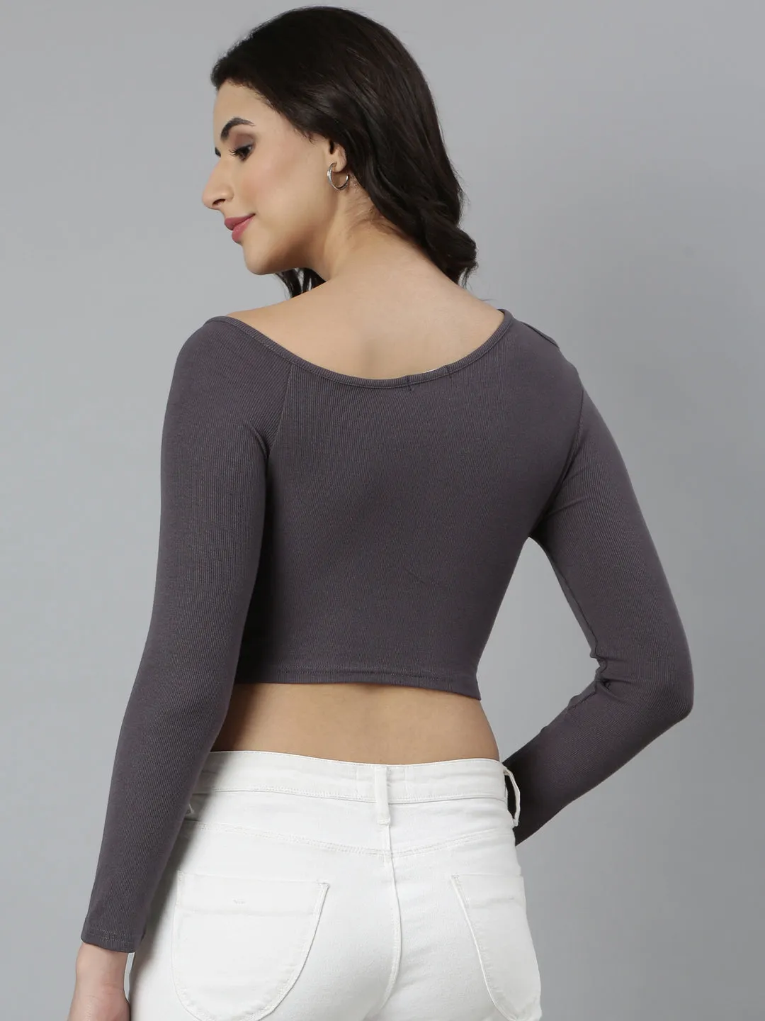 Women Grey Round Neck Fitted Crop Top