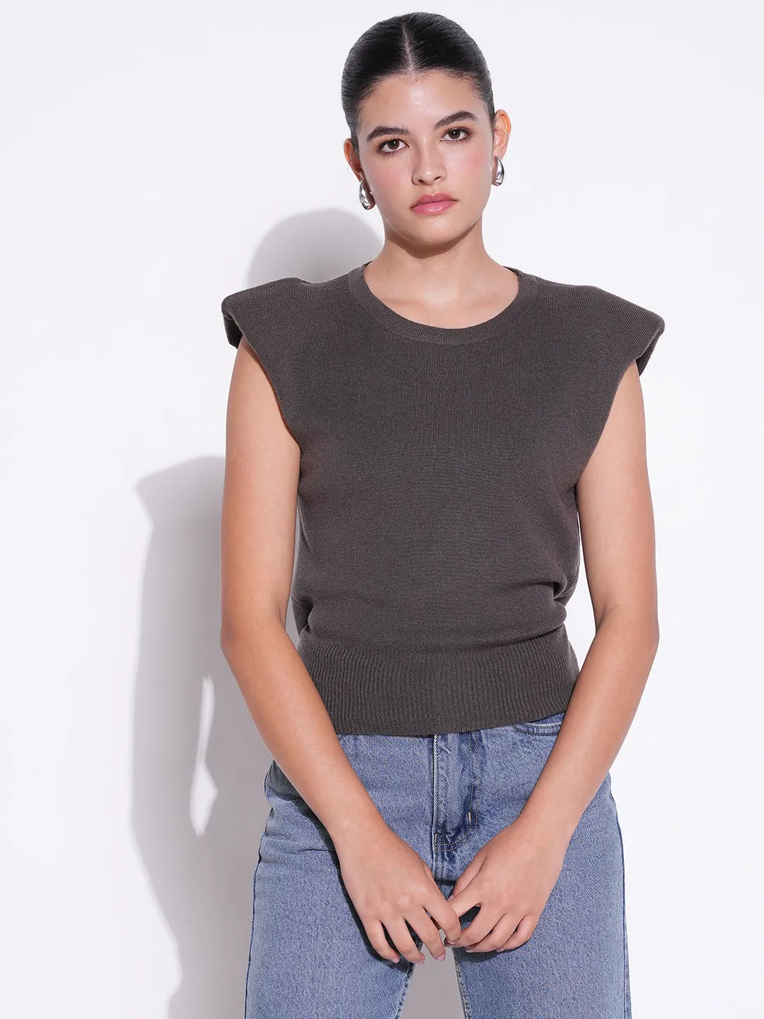 Women Grey Round Neck Sleeveless Top