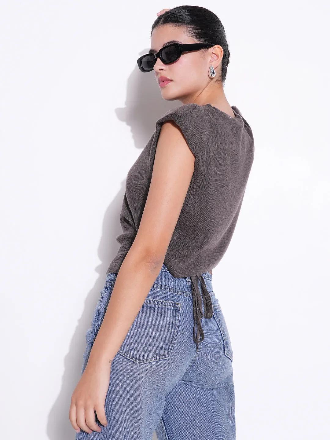 Women Grey Round Neck Sleeveless Top