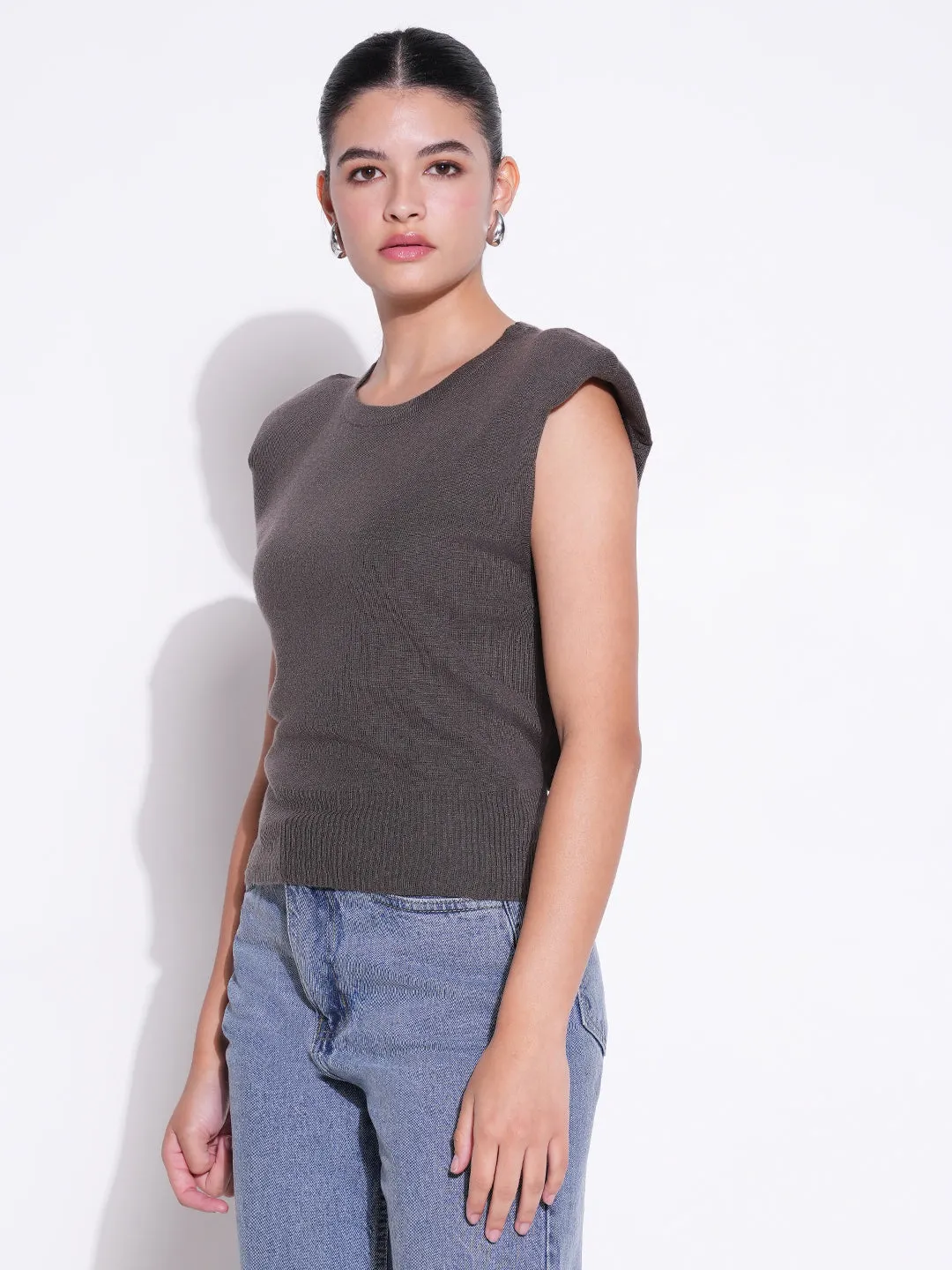 Women Grey Round Neck Sleeveless Top