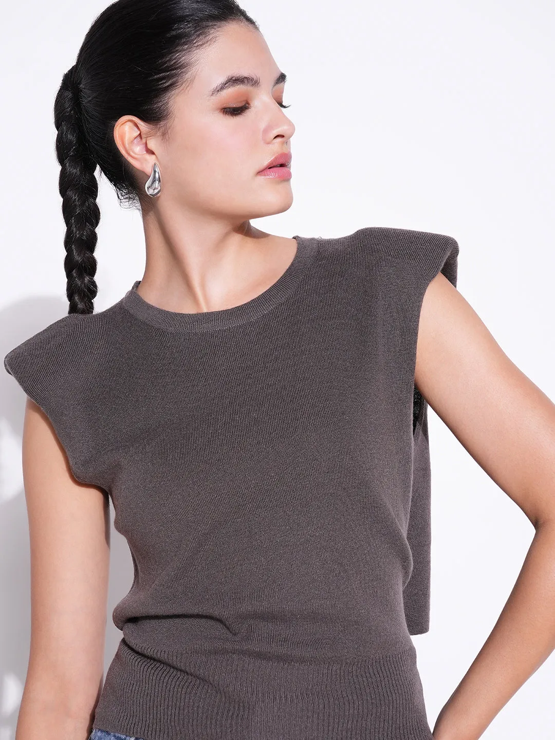 Women Grey Round Neck Sleeveless Top