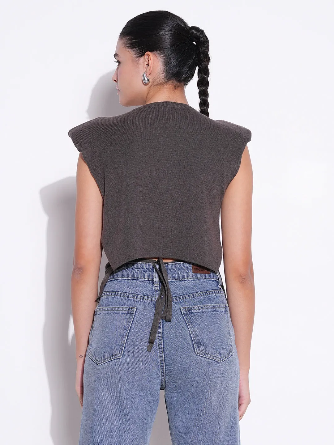 Women Grey Round Neck Sleeveless Top