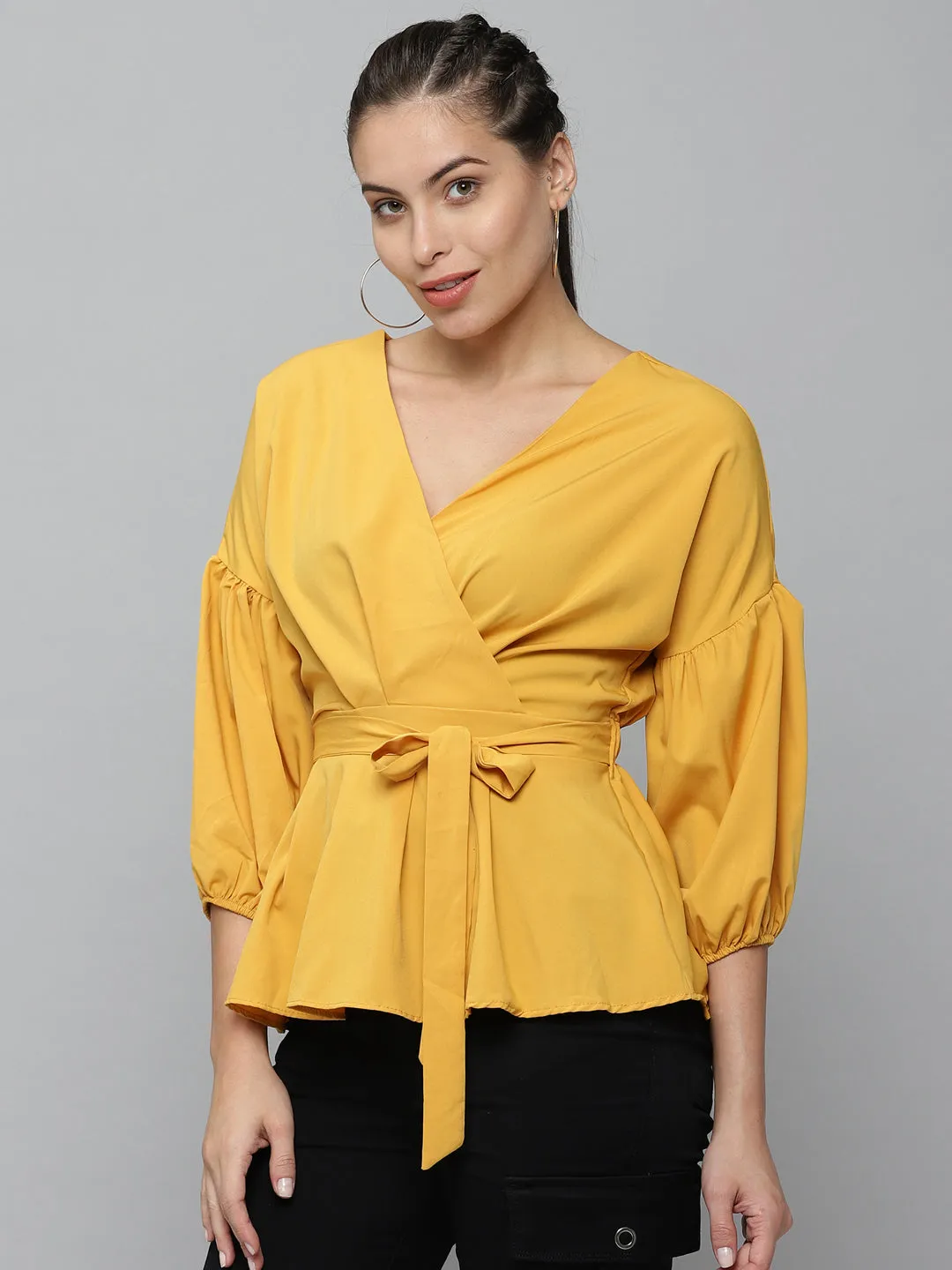 Women Mustard Wrap Top