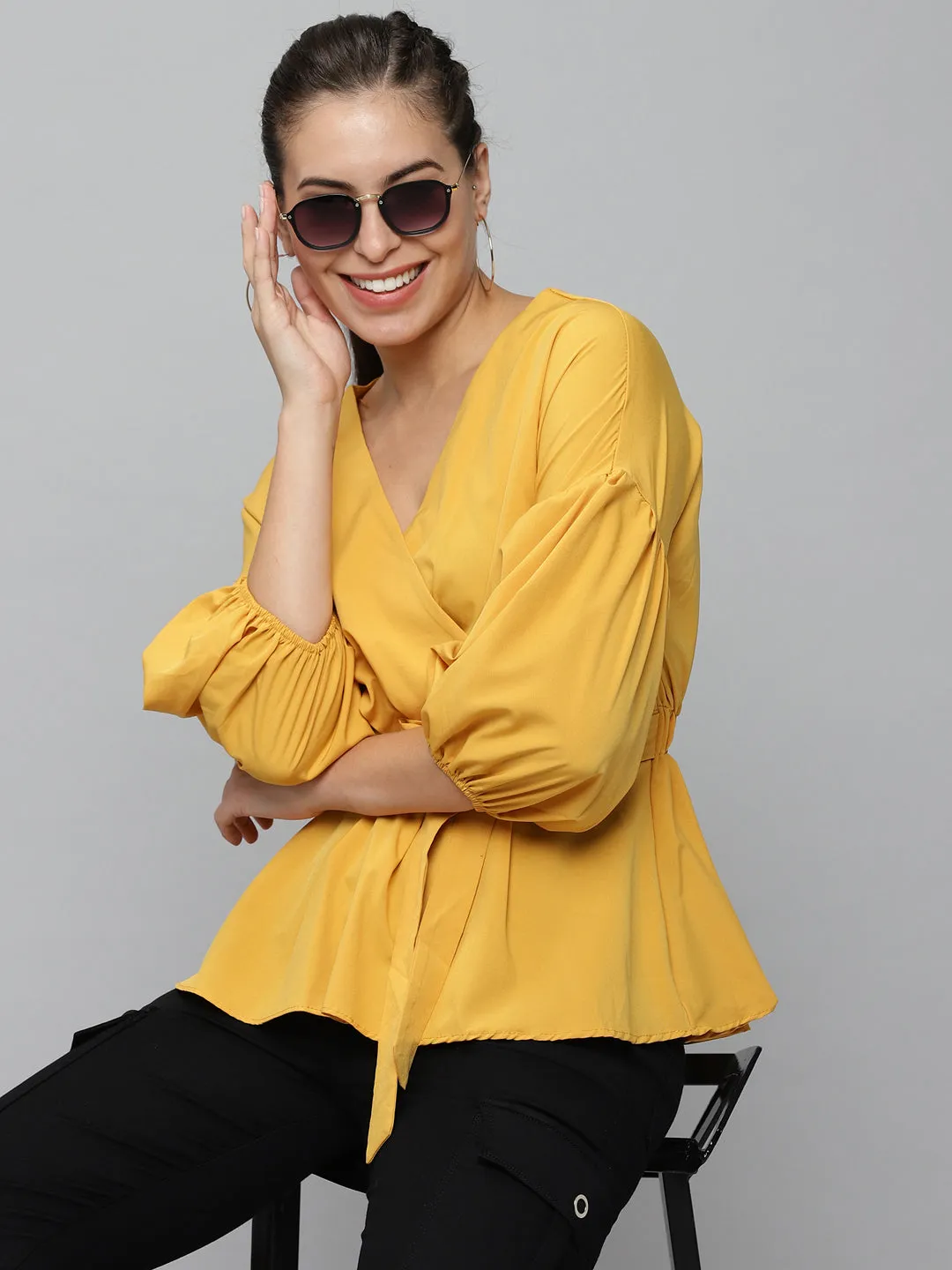Women Mustard Wrap Top
