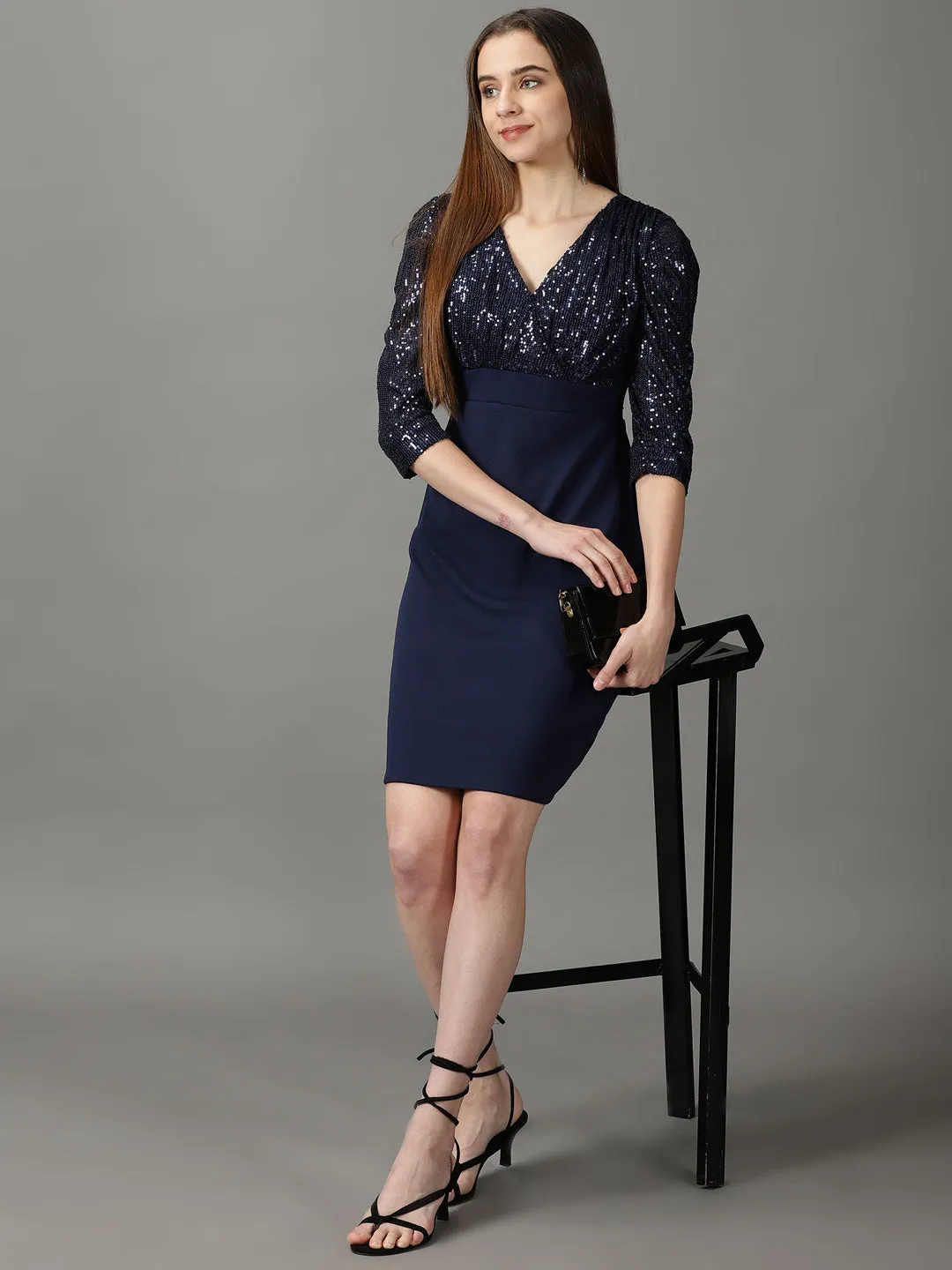 Women Navy Blue V-Neck Sheath Dress