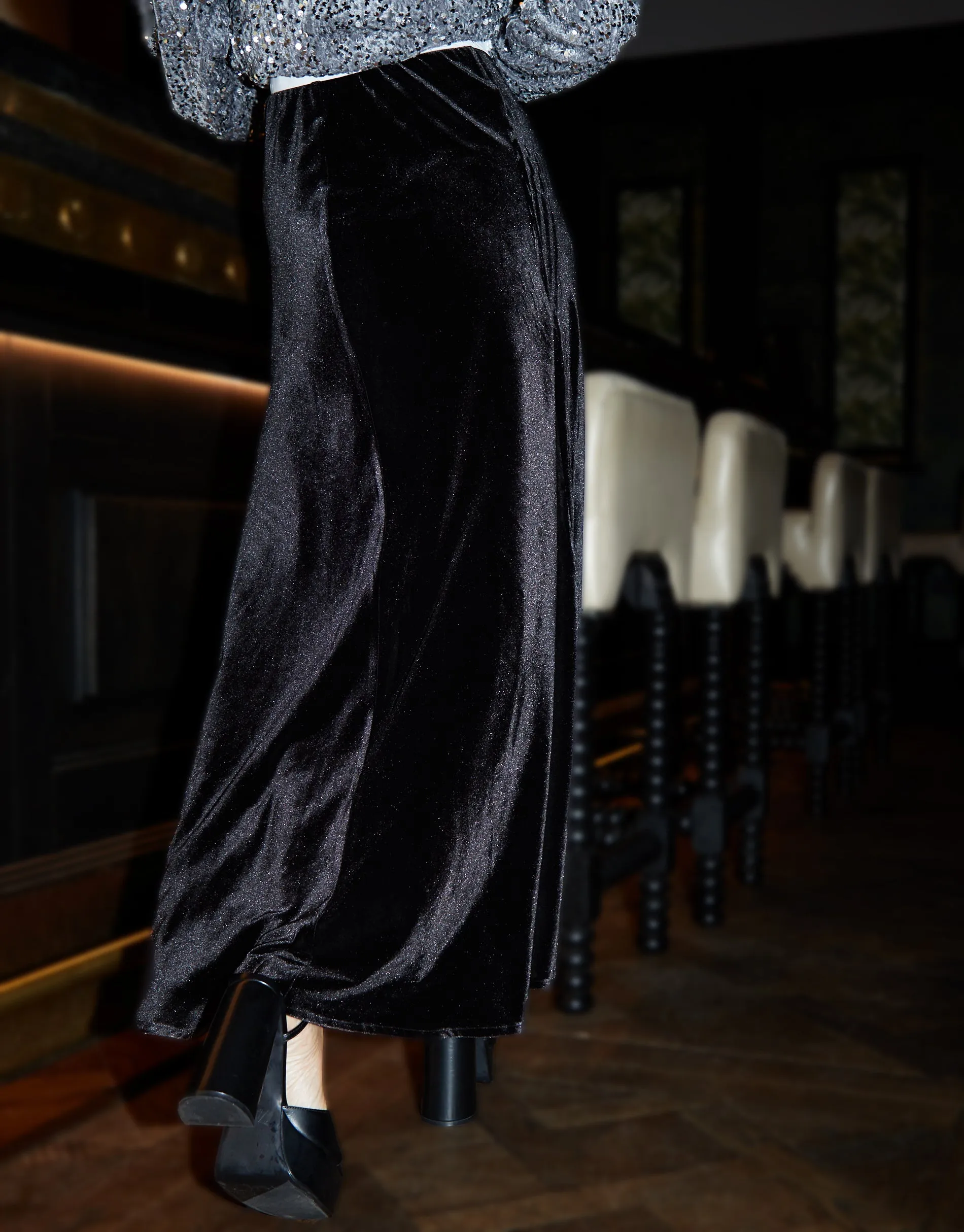 Women's Black Velvet Flared Pull On Maxi Skirt