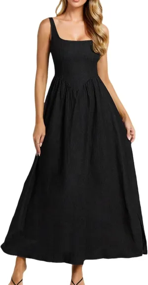 Women's Casual Sleeveless Square Neck Tank Sundresses, Elegant Flowy Beach Dress