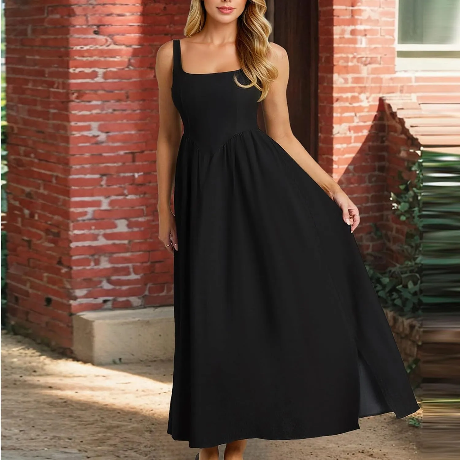 Women's Casual Sleeveless Square Neck Tank Sundresses, Elegant Flowy Beach Dress