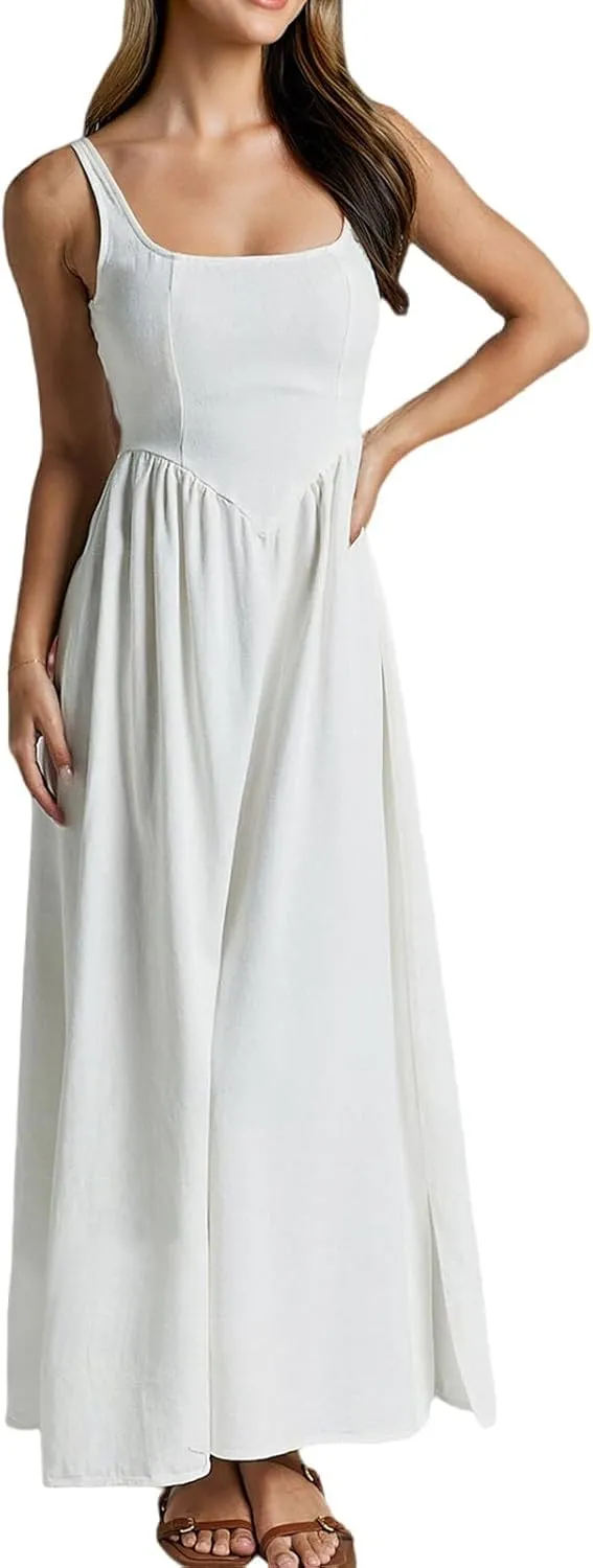 Women's Casual Sleeveless Square Neck Tank Sundresses, Elegant Flowy Beach Dress