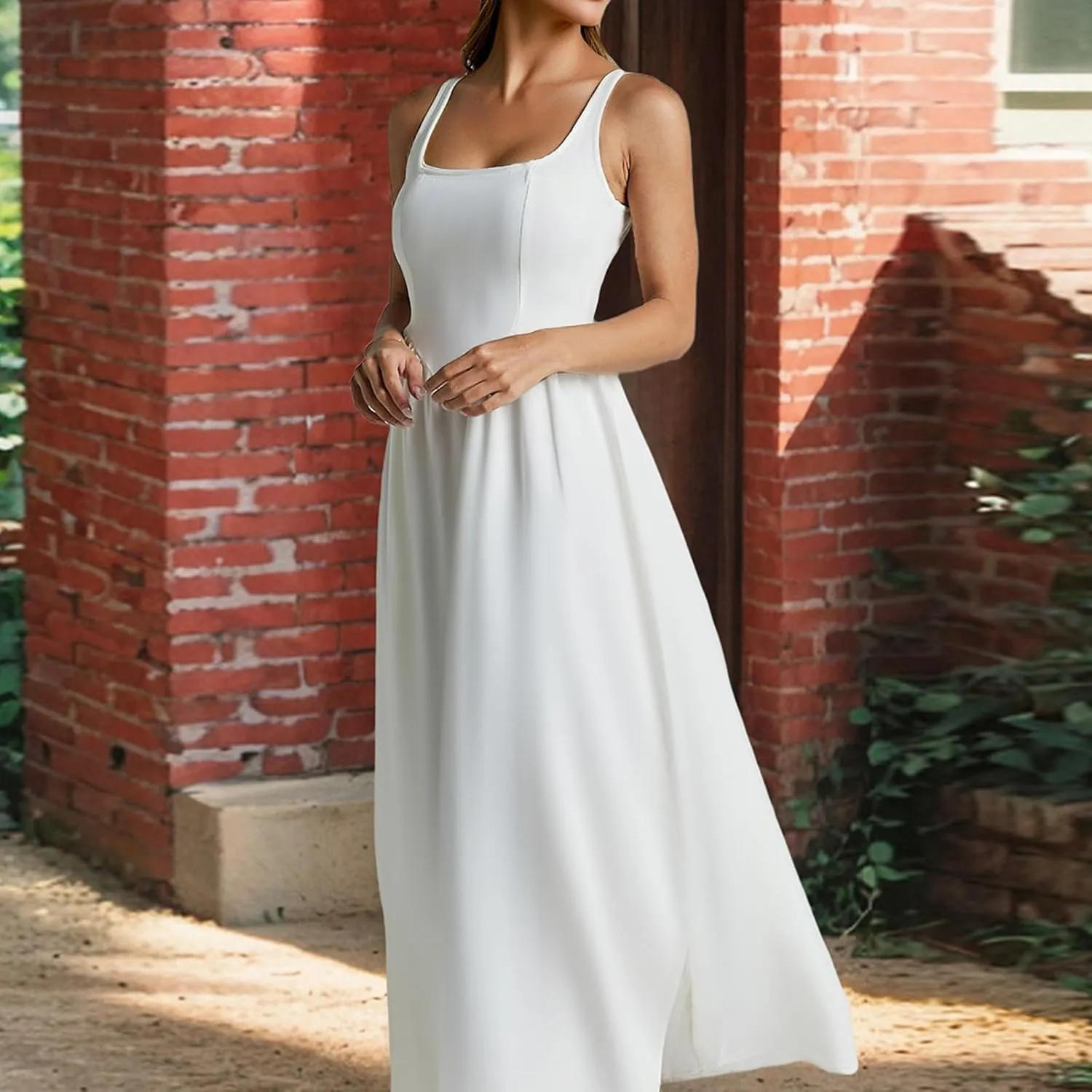 Women's Casual Sleeveless Square Neck Tank Sundresses, Elegant Flowy Beach Dress