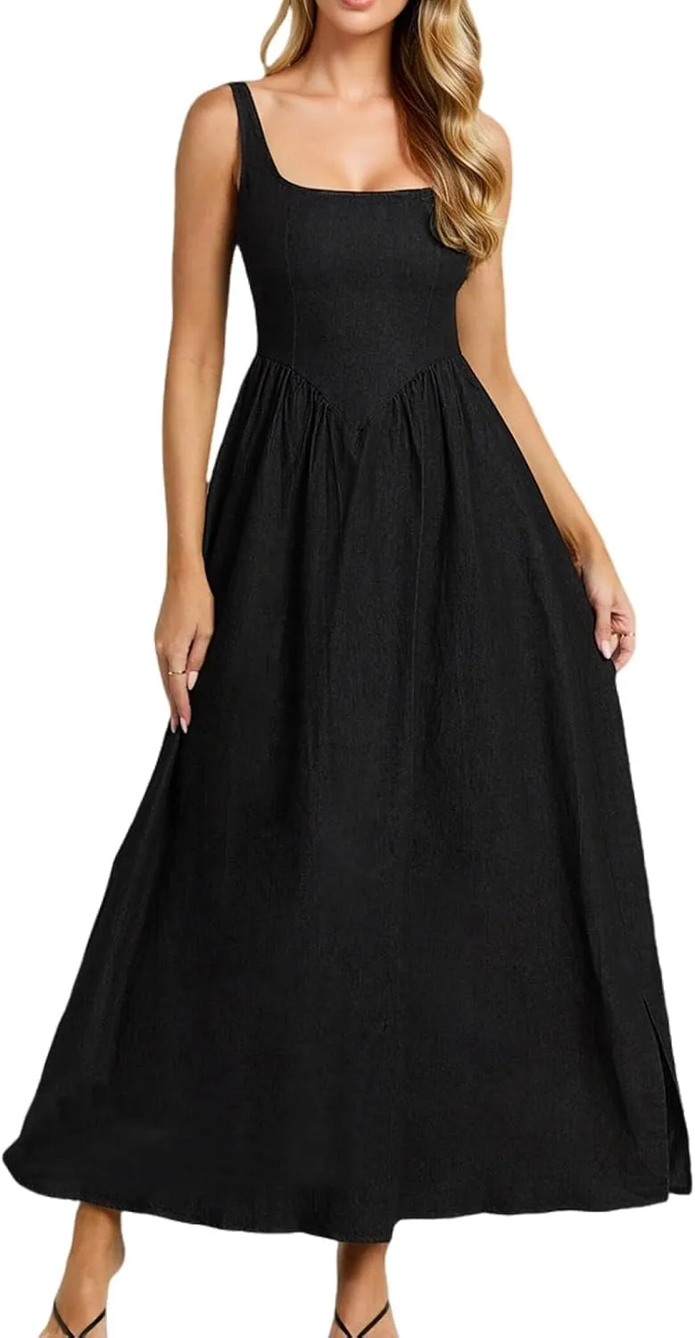 Women's Casual Sleeveless Square Neck Tank Sundresses, Elegant Flowy Beach Dress