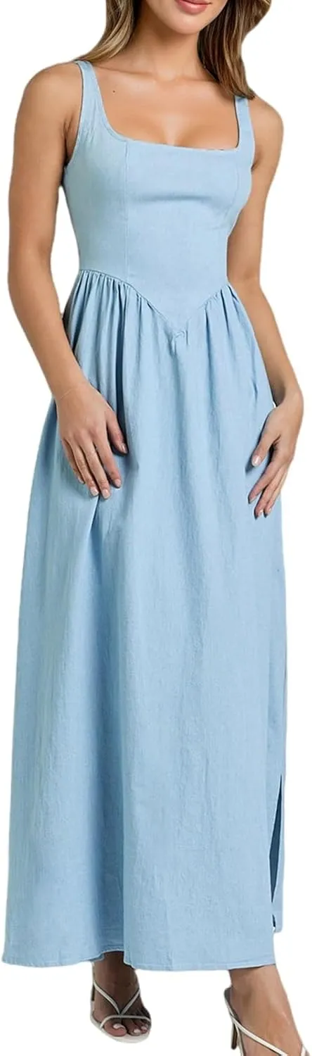 Women's Casual Sleeveless Square Neck Tank Sundresses, Elegant Flowy Beach Dress