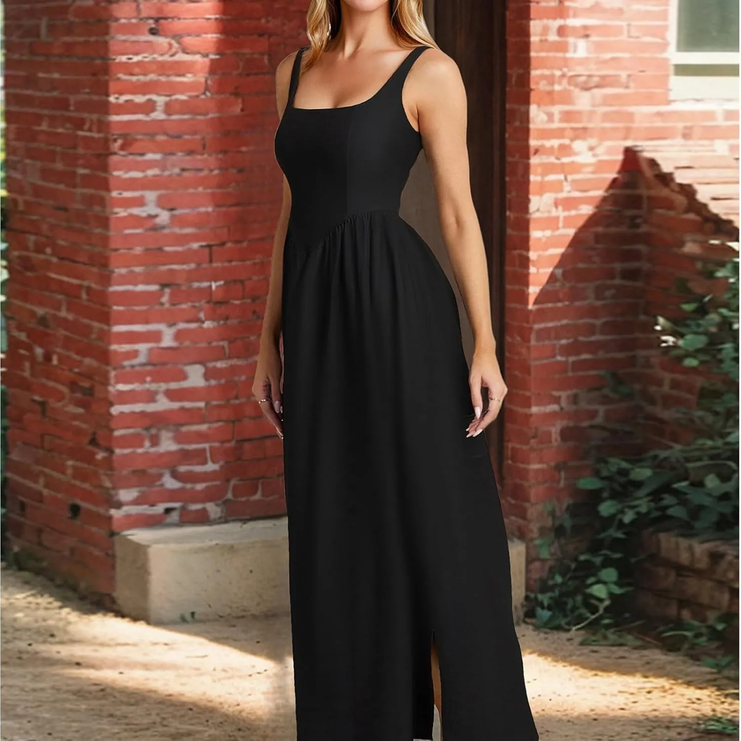 Women's Casual Sleeveless Square Neck Tank Sundresses, Elegant Flowy Beach Dress