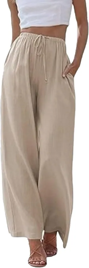 Women's Cotton Linen Summer Pants Flowy Wide Leg Beach Trousers