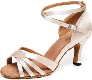 Women's Fashion Peep Toe Satin Ballroom Tango Party Wedding Promal Practice Professional Dance Shoes Nude US 8
