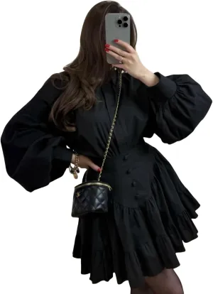 Women's Notch Lapel Blouse & Pleated Skirt Set Trendy Ruffle Trim Set Dress Mini Dresses